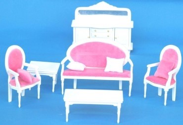 LIVING ROOM SET-WHITE WITH PINK FABRIC